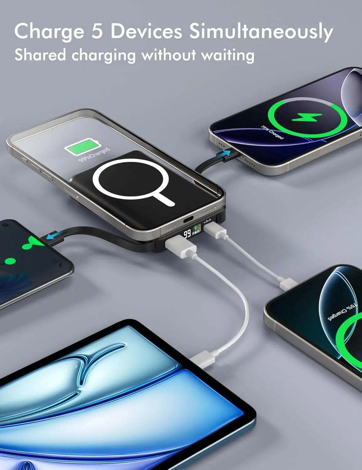 Podoru 10000Mah Magnetic Power Bank, Built-In Type-C & Lightning Cable, Multi Device Charging, Magsafe Wireless Charge, Smart Digital Display, Ios & Android Compatible, Compact Portable Travel Charger Summerwins