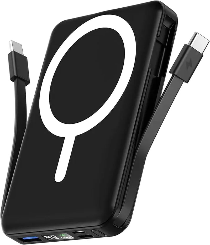 Podoru 10000Mah Magnetic Power Bank, Built-In Type-C & Lightning Cable, Multi Device Charging, Magsafe Wireless Charge, Smart Digital Display, Ios & Android Compatible, Compact Portable Travel Charger Summerwins