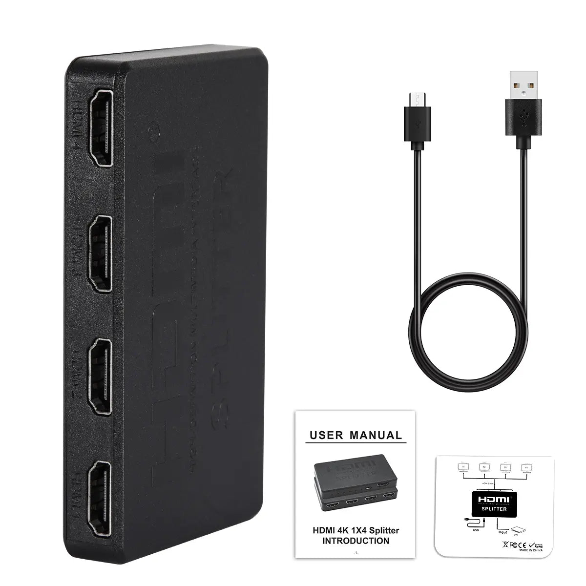 HDMI Splitter 1 in 4 Out 4K UHD HD 1080P 4-Port Repeater Splitter Amplifier