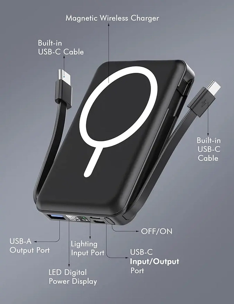 Podoru 10000Mah Magnetic Power Bank, Built-In Type-C & Lightning Cable, Multi Device Charging, Magsafe Wireless Charge, Smart Digital Display, Ios & Android Compatible, Compact Portable Travel Charger Summerwins