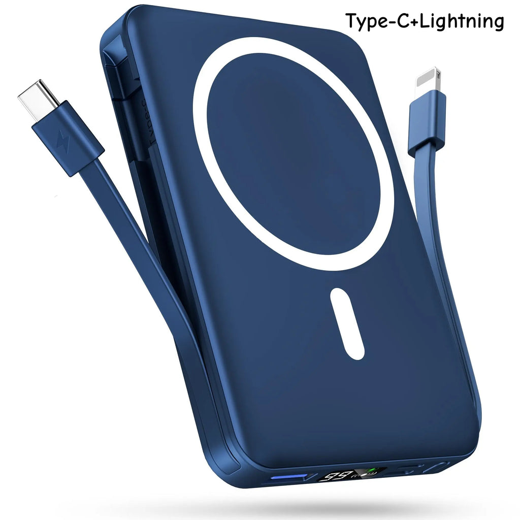 Podoru 10000Mah Magnetic Power Bank, Built-In Type-C & Lightning Cable, Multi Device Charging, Magsafe Wireless Charge, Smart Digital Display, Ios & Android Compatible, Compact Portable Travel Charger Summerwins